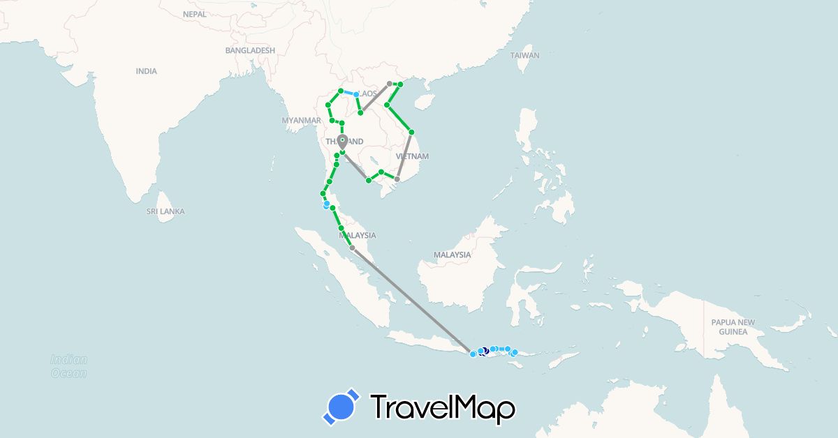 TravelMap itinerary: driving, bus, plane, hiking, boat in Indonesia, Cambodia, Laos, Malaysia, Thailand, Vietnam (Asia)